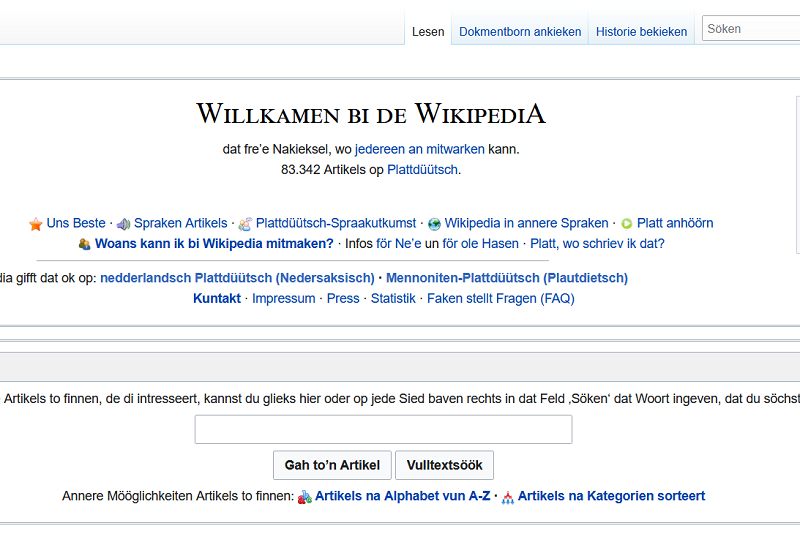 Screenshot der Startseite von Wikipedia auf Platt
