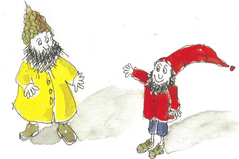 Zeichnung der beiden Wichte Arlewatt - mit roter Mütze und Jacke und blauen Hosen - und Olderup - mit Zapfenkappe und gelbem Mantel